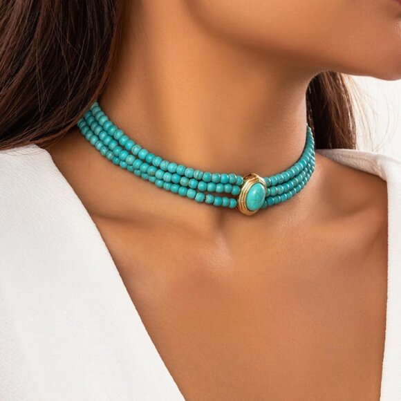 Boho Turquoise Layered Choker Necklace Imitation Pearl Women Accessories - Picture 3 of 7